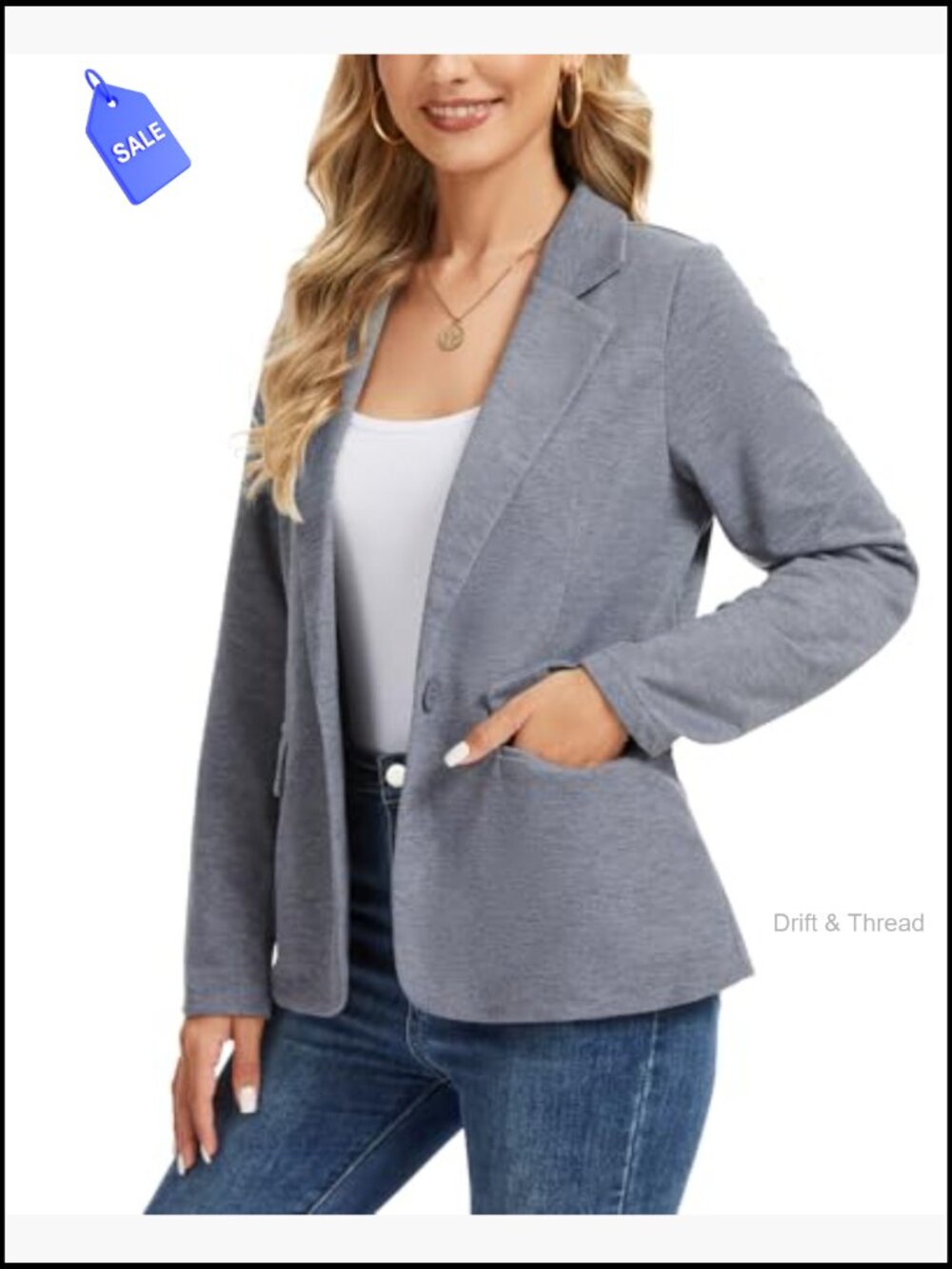 Long Sleeve Jersey Knit Blazer with Pockets, Notch Collar, Office Casual - Picture 2 of 7